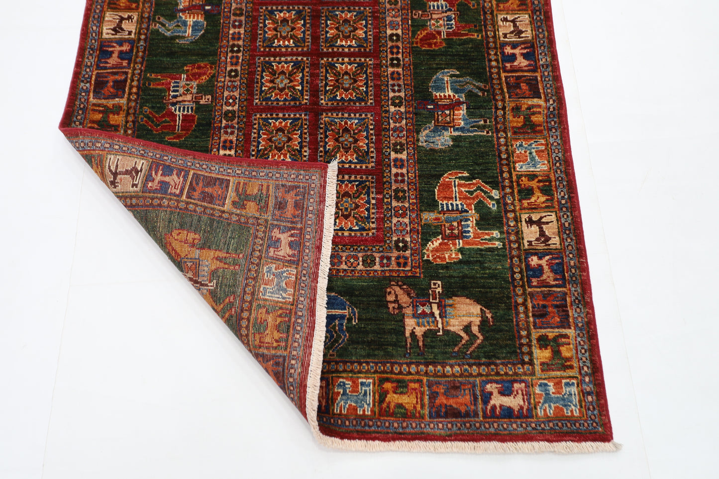 101 x 153 cm | Pazyryk Green Afghan Tribal Hand Knotted Natural Veg Dye Wool Carpet