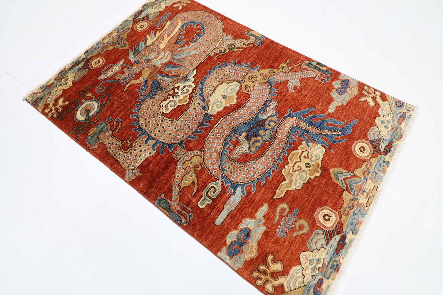 121 x 178 cm | Chinese Dragon Afghan Tribal Hand Knotted Natural Veg Dye Wool Carpet