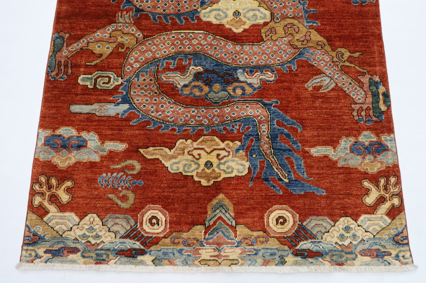 121 x 178 cm | Chinese Dragon Afghan Tribal Hand Knotted Natural Veg Dye Wool Carpet