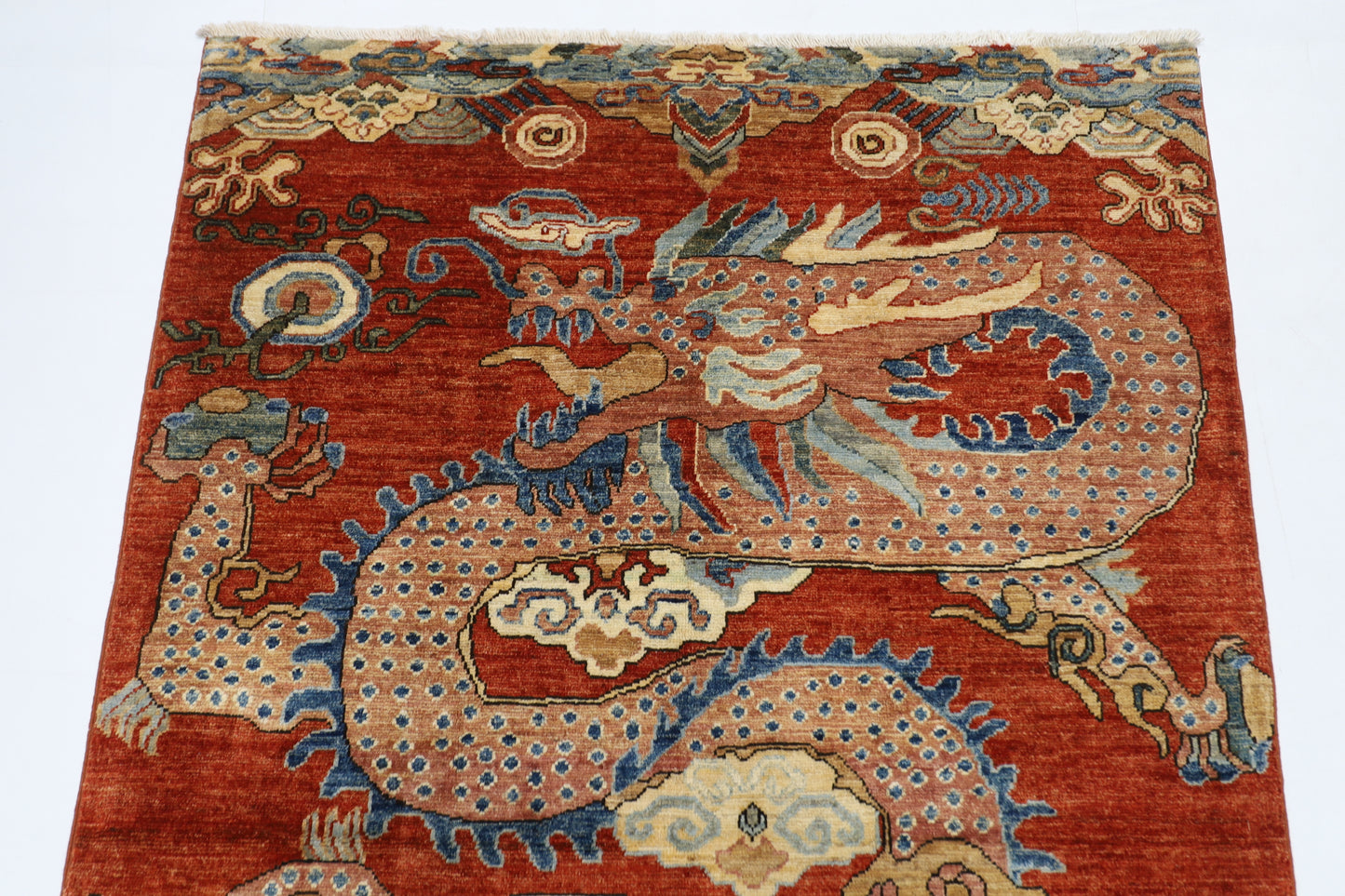 121 x 178 cm | Chinese Dragon Afghan Tribal Hand Knotted Natural Veg Dye Wool Carpet