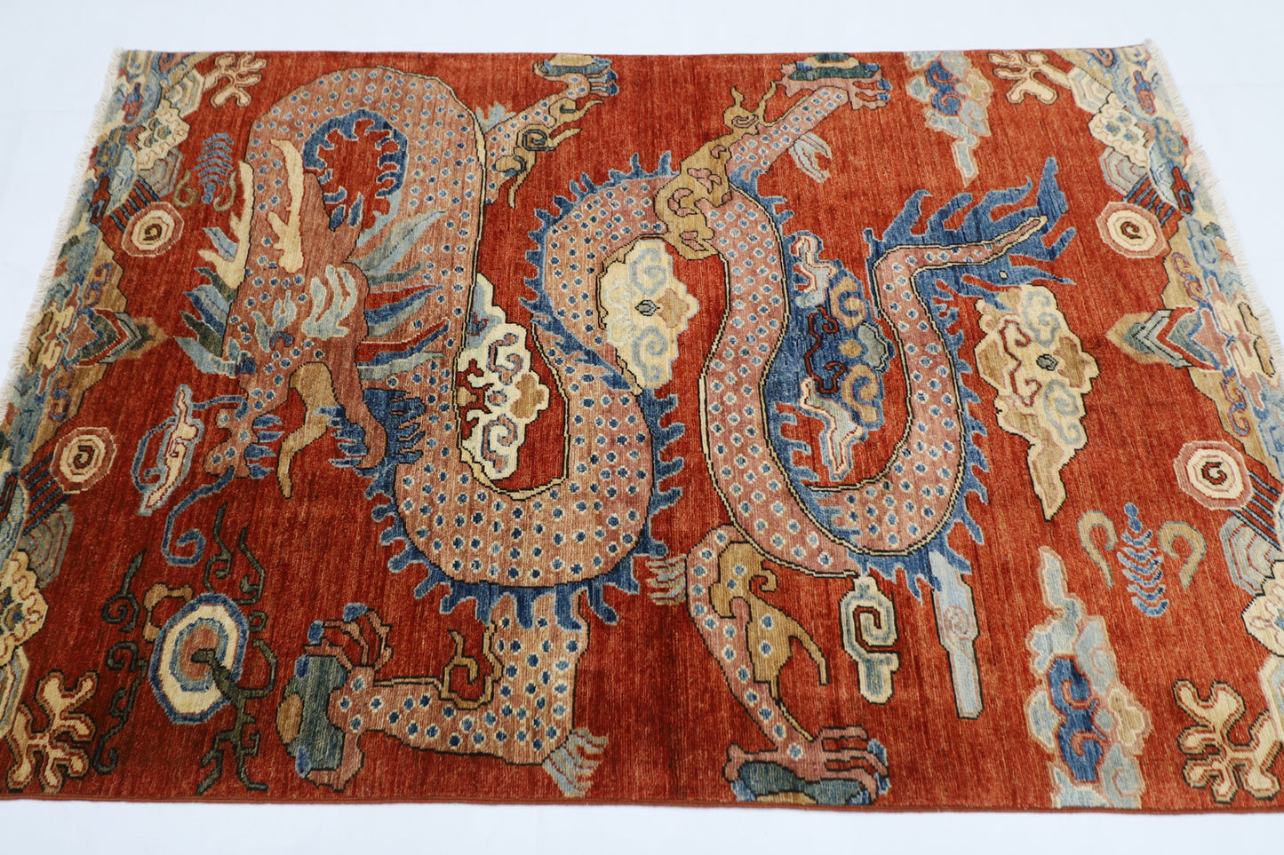 121 x 178 cm | Chinese Dragon Afghan Tribal Hand Knotted Natural Veg Dye Wool Carpet