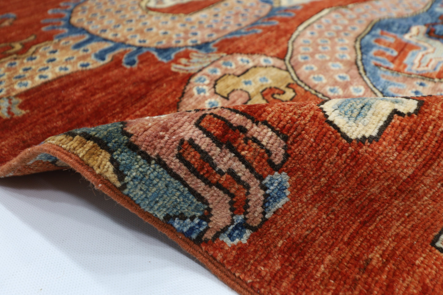 121 x 178 cm | Chinese Dragon Afghan Tribal Hand Knotted Natural Veg Dye Wool Carpet
