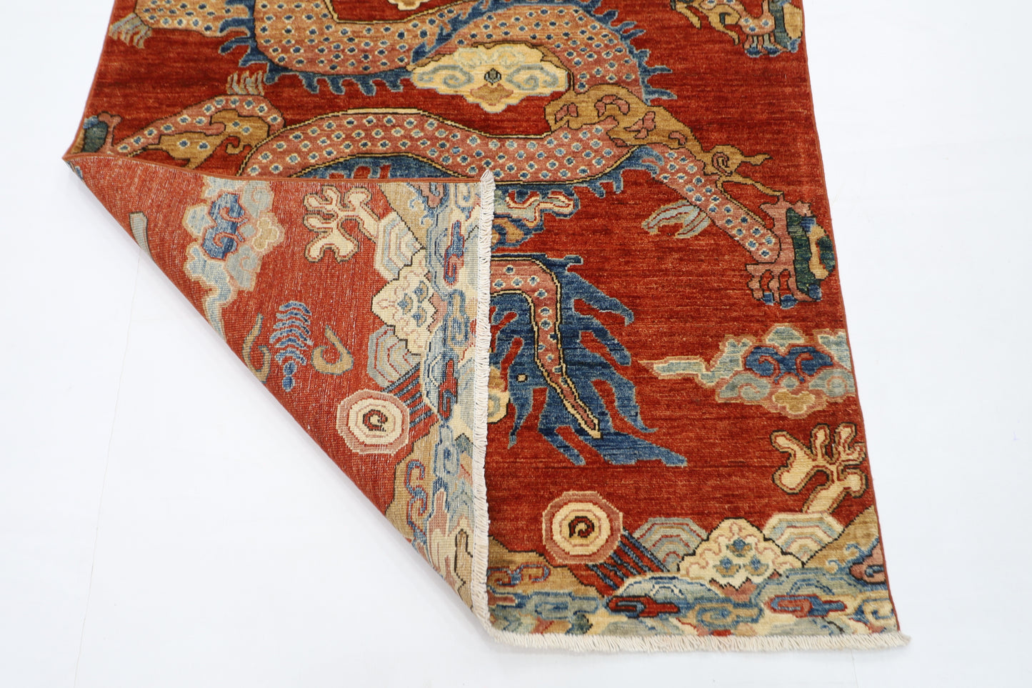 121 x 178 cm | Chinese Dragon Afghan Tribal Hand Knotted Natural Veg Dye Wool Carpet