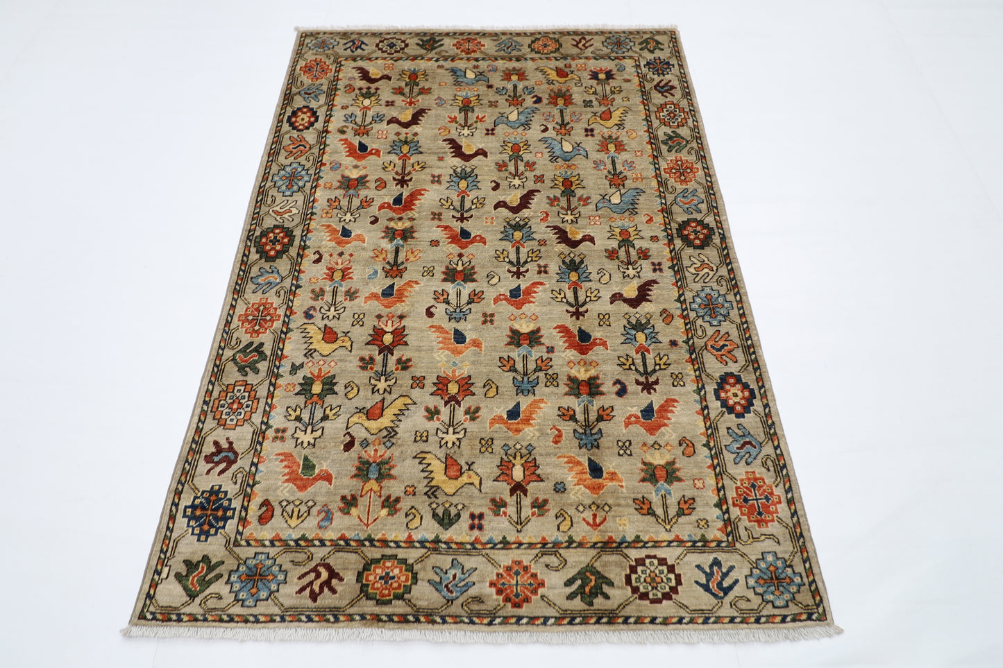123 x 177 cm | Birds Afghan Tribal Hand Knotted Natural Veg Dye Wool Carpet