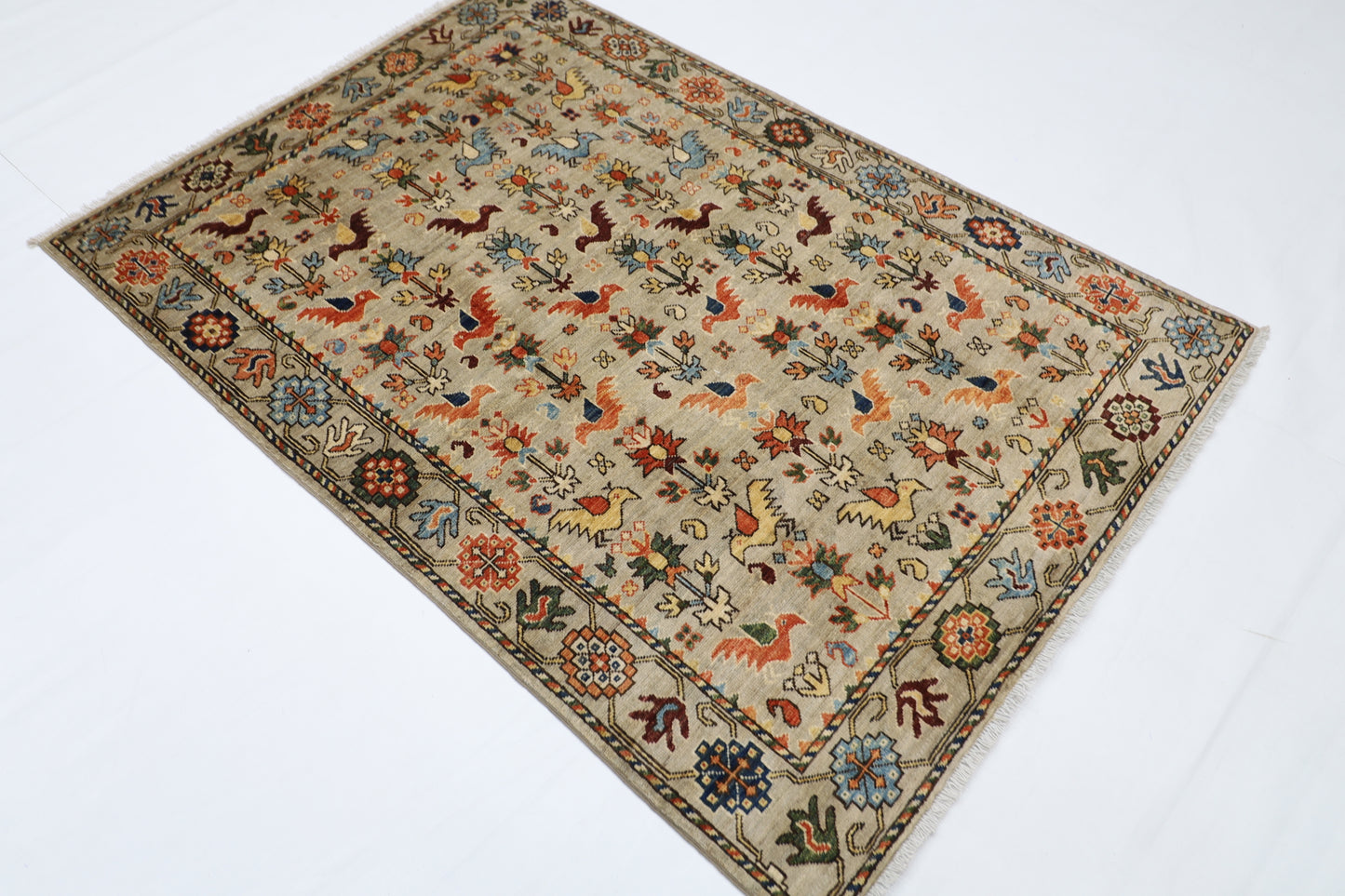 123 x 177 cm | Birds Afghan Tribal Hand Knotted Natural Veg Dye Wool Carpet