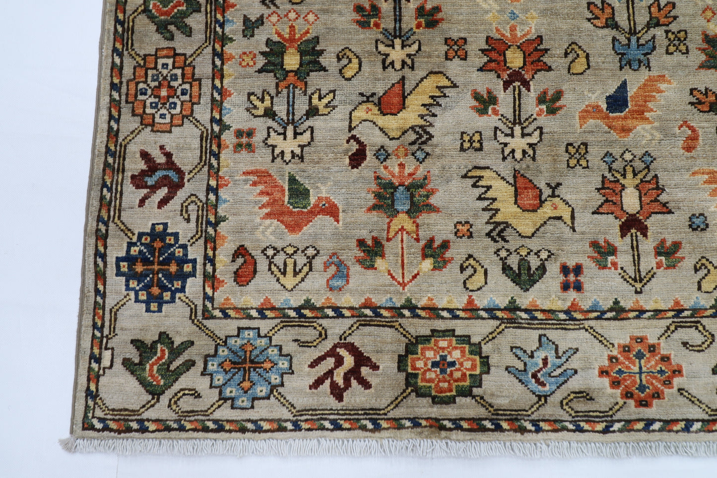 123 x 177 cm | Birds Afghan Tribal Hand Knotted Natural Veg Dye Wool Carpet