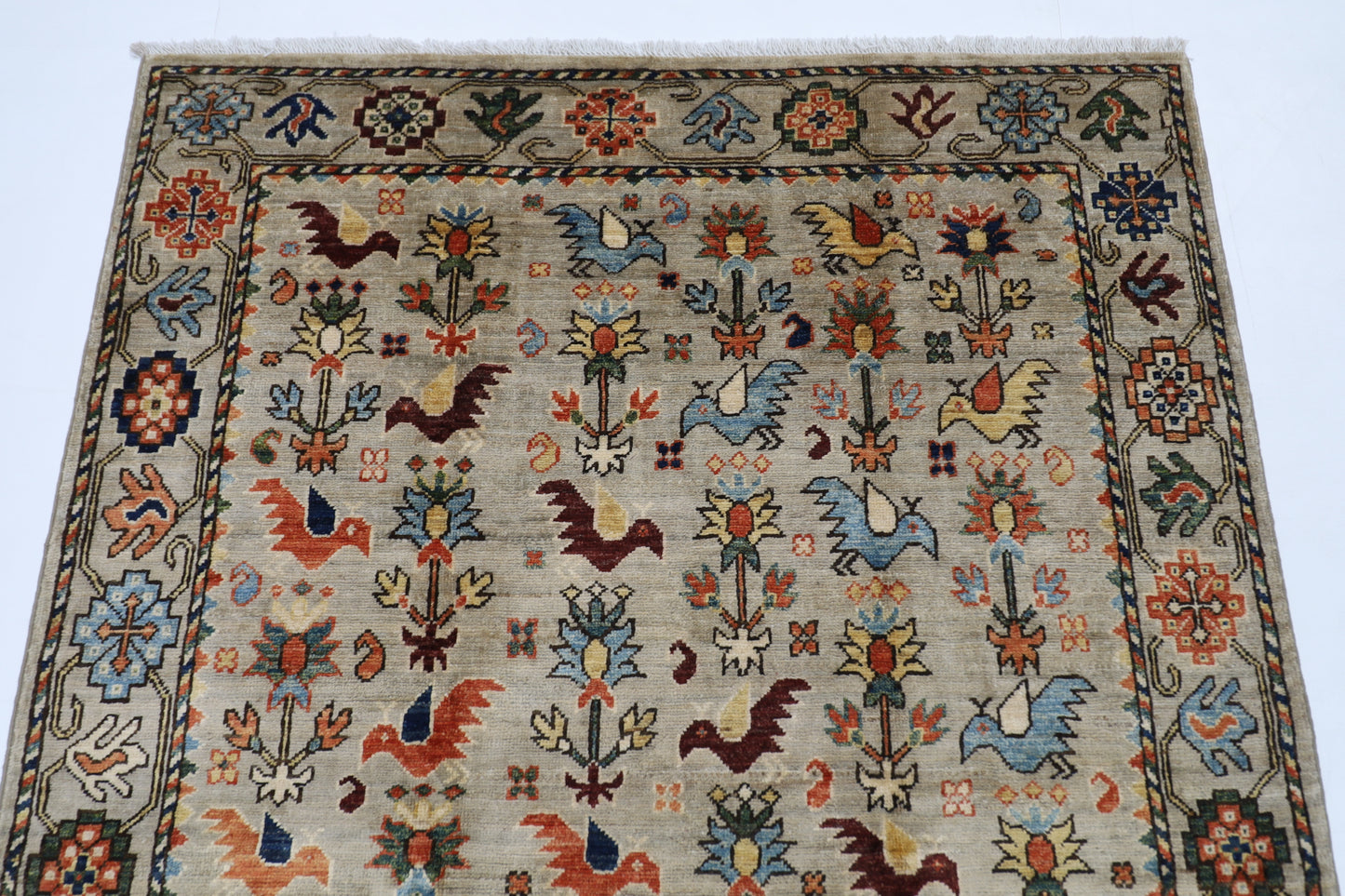 123 x 177 cm | Birds Afghan Tribal Hand Knotted Natural Veg Dye Wool Carpet