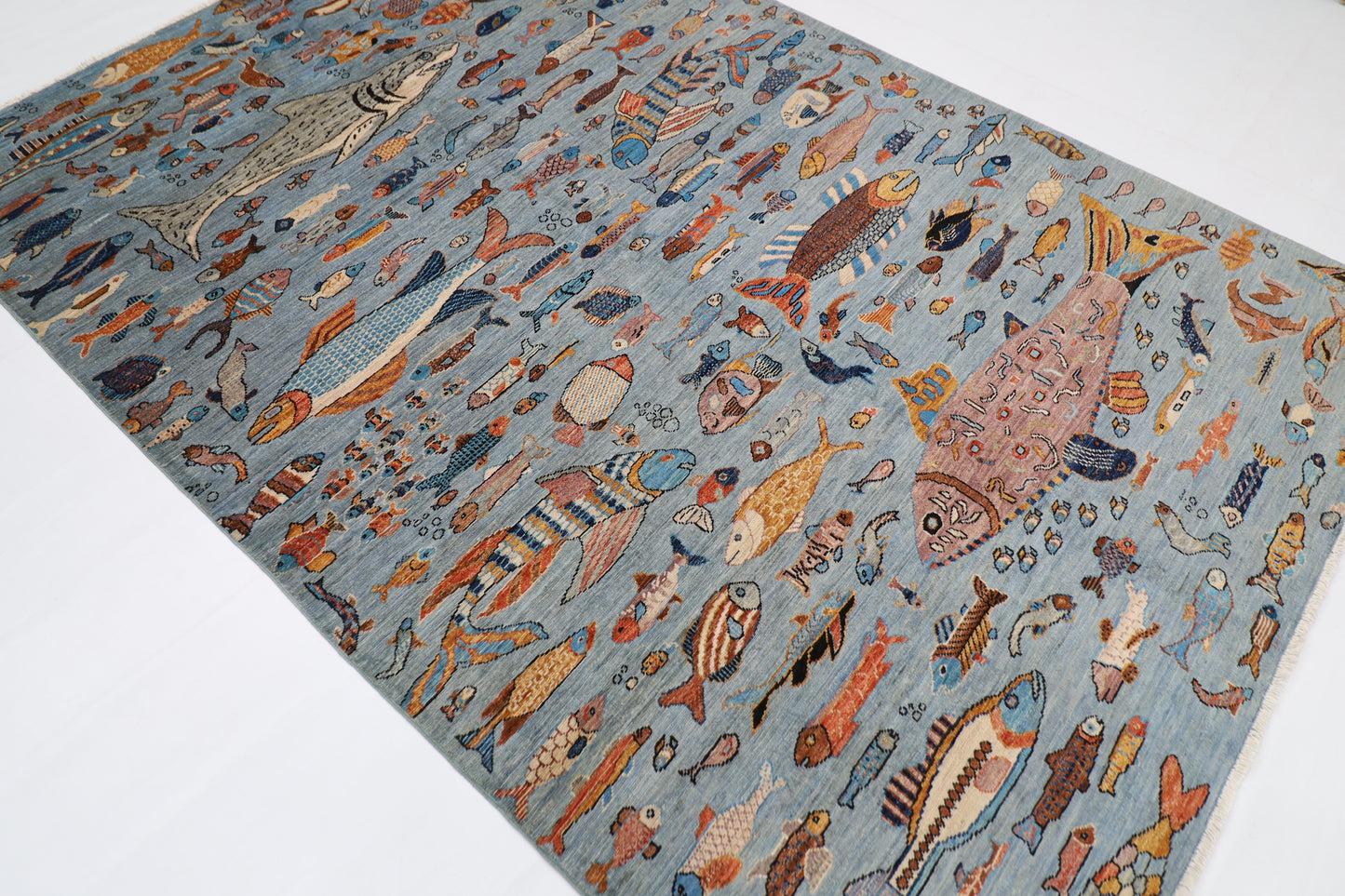 183 x 270 cm | Fish Party Afghan Tribal Hand Knotted Natural Veg Dye Wool Carpet