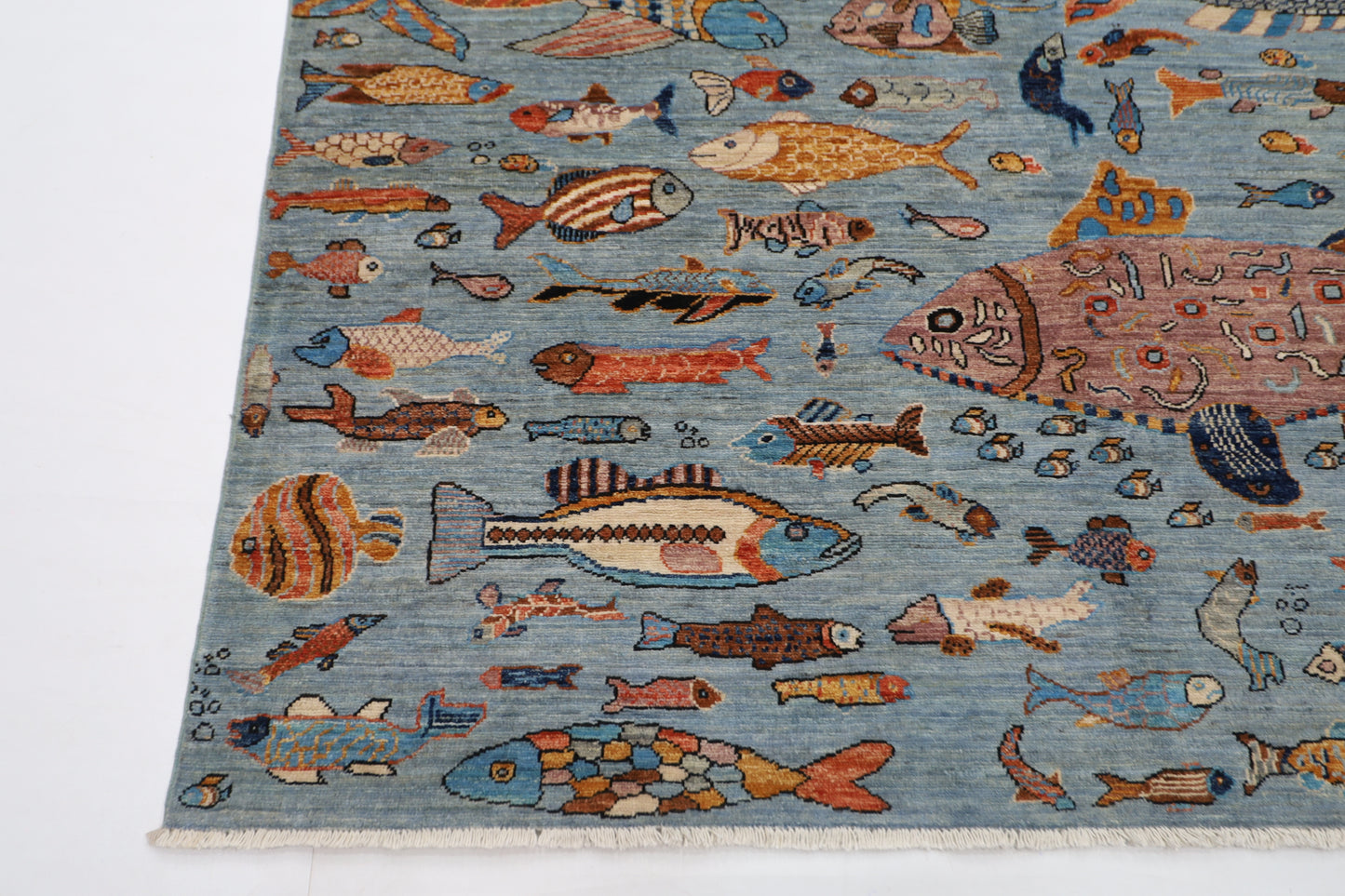 183 x 270 cm | Fish Party Afghan Tribal Hand Knotted Natural Veg Dye Wool Carpet