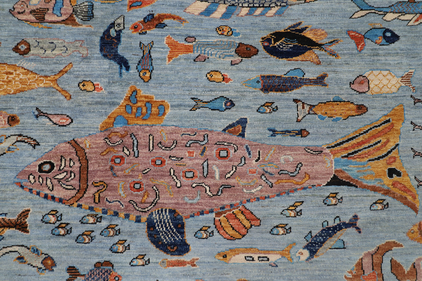 183 x 270 cm | Fish Party Afghan Tribal Hand Knotted Natural Veg Dye Wool Carpet