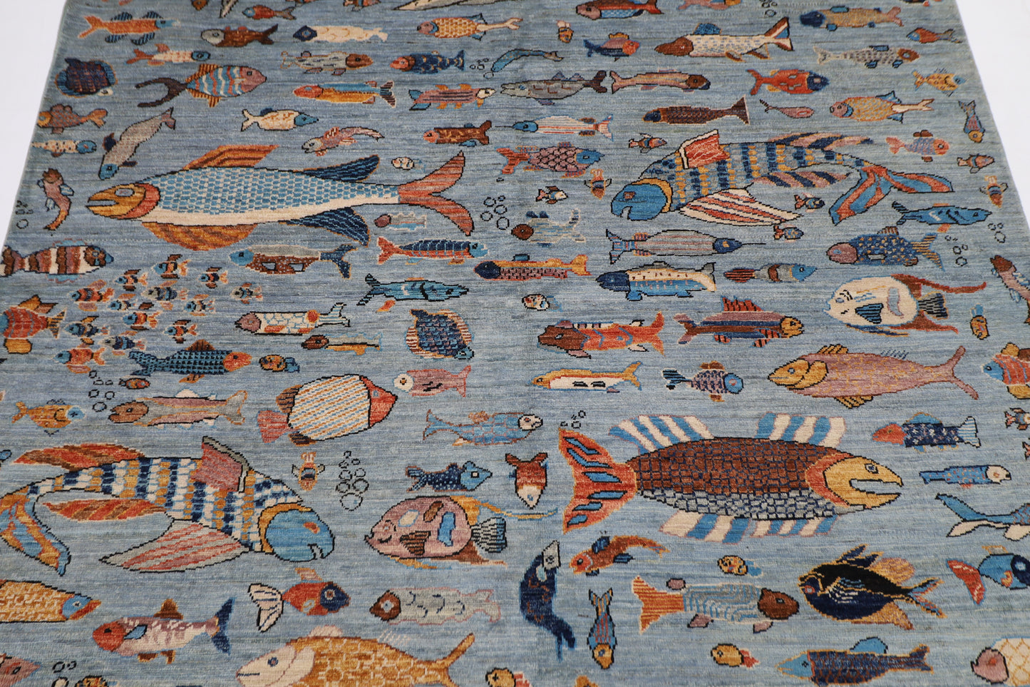 183 x 270 cm | Fish Party Afghan Tribal Hand Knotted Natural Veg Dye Wool Carpet