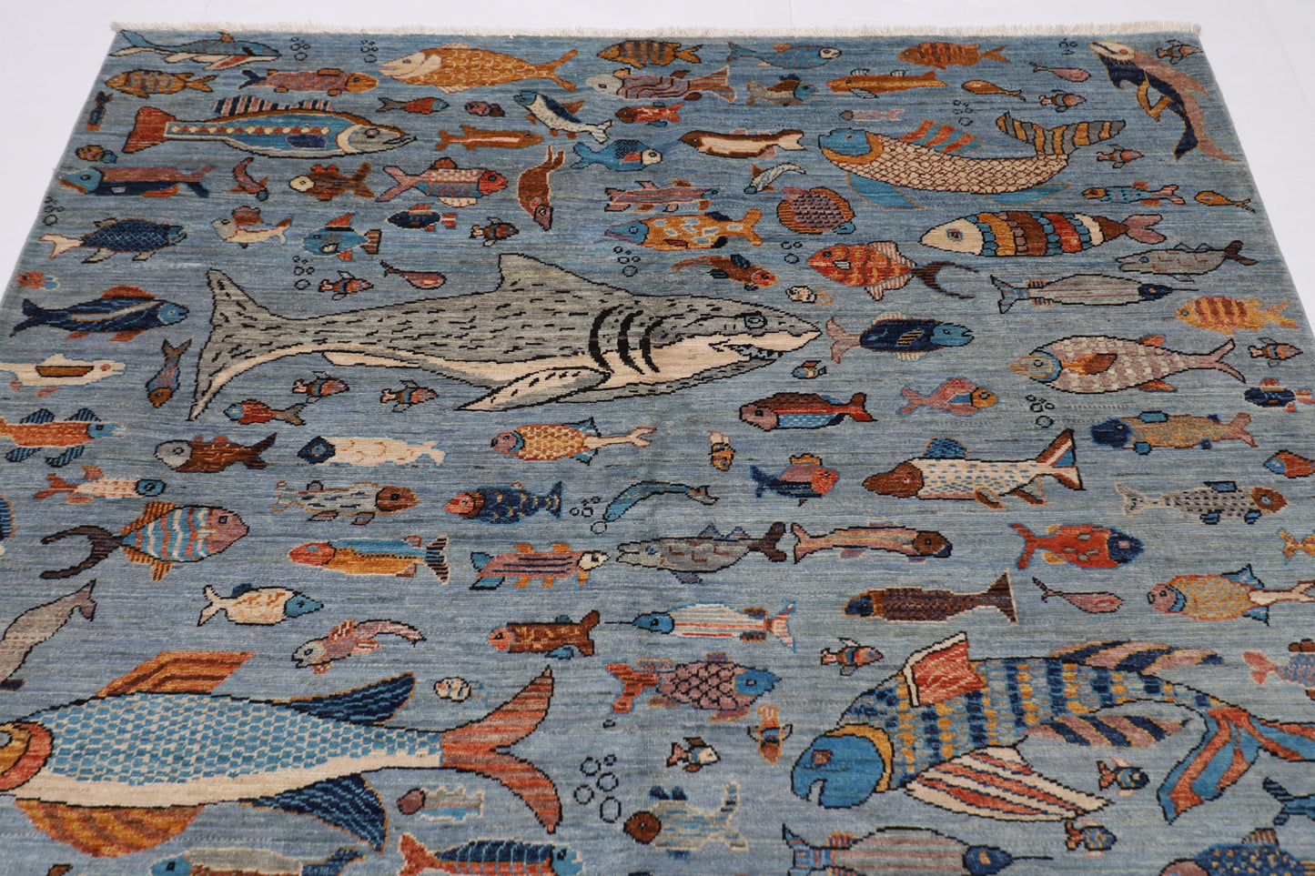 183 x 270 cm | Fish Party Afghan Tribal Hand Knotted Natural Veg Dye Wool Carpet