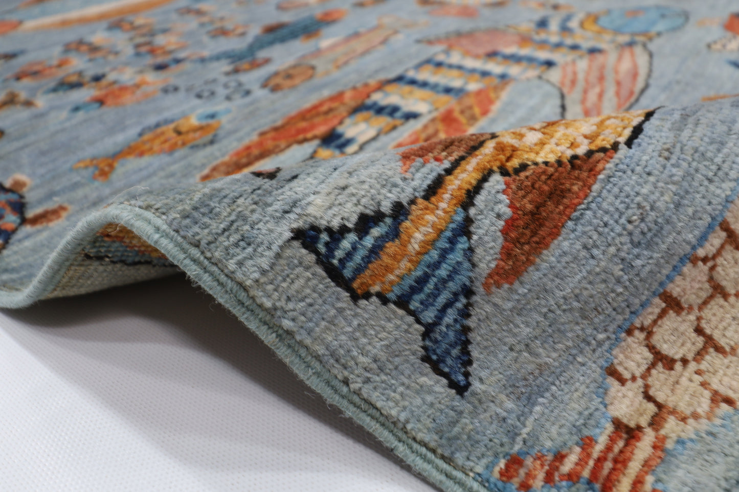 183 x 270 cm | Fish Party Afghan Tribal Hand Knotted Natural Veg Dye Wool Carpet