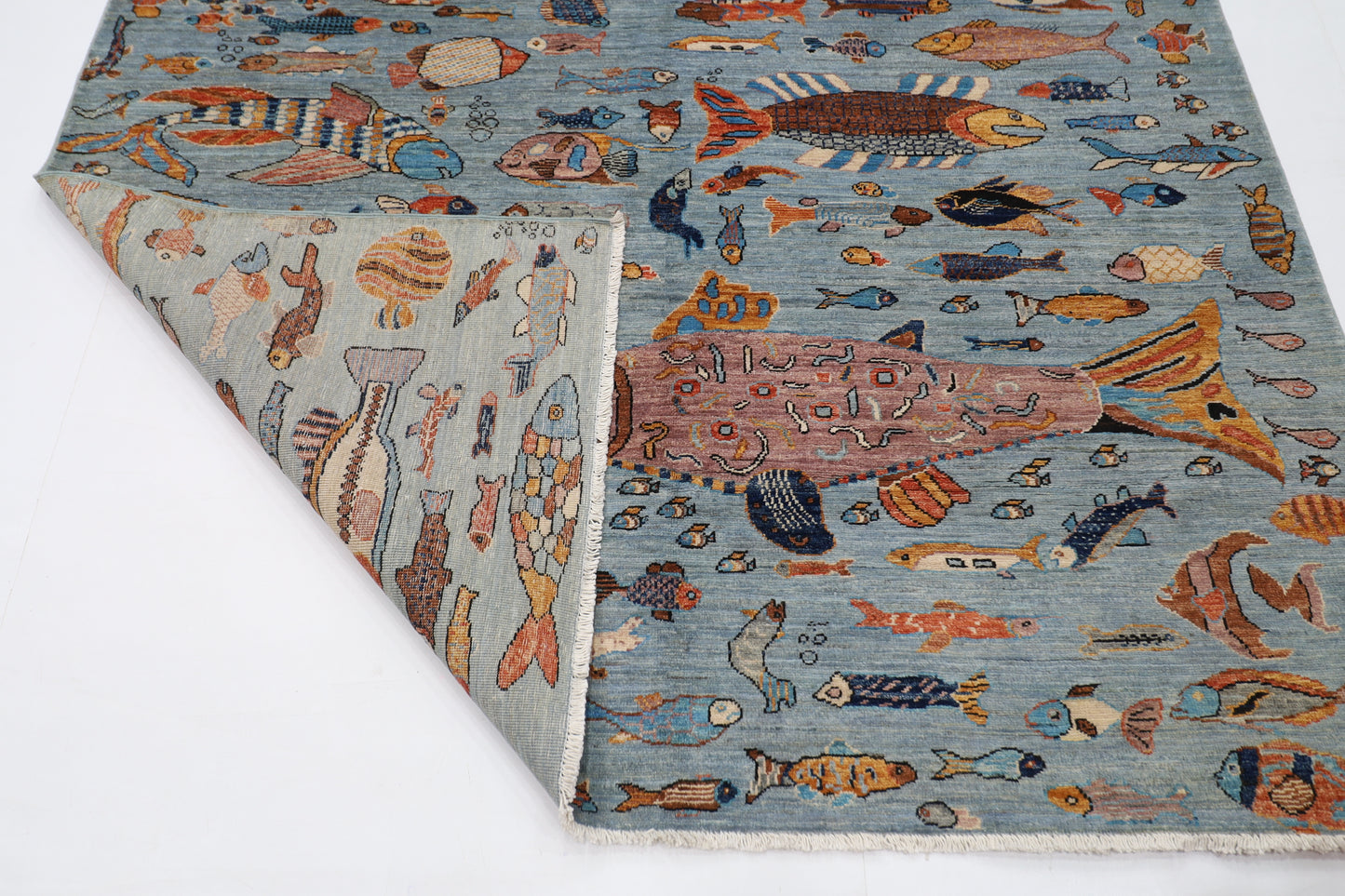 183 x 270 cm | Fish Party Afghan Tribal Hand Knotted Natural Veg Dye Wool Carpet