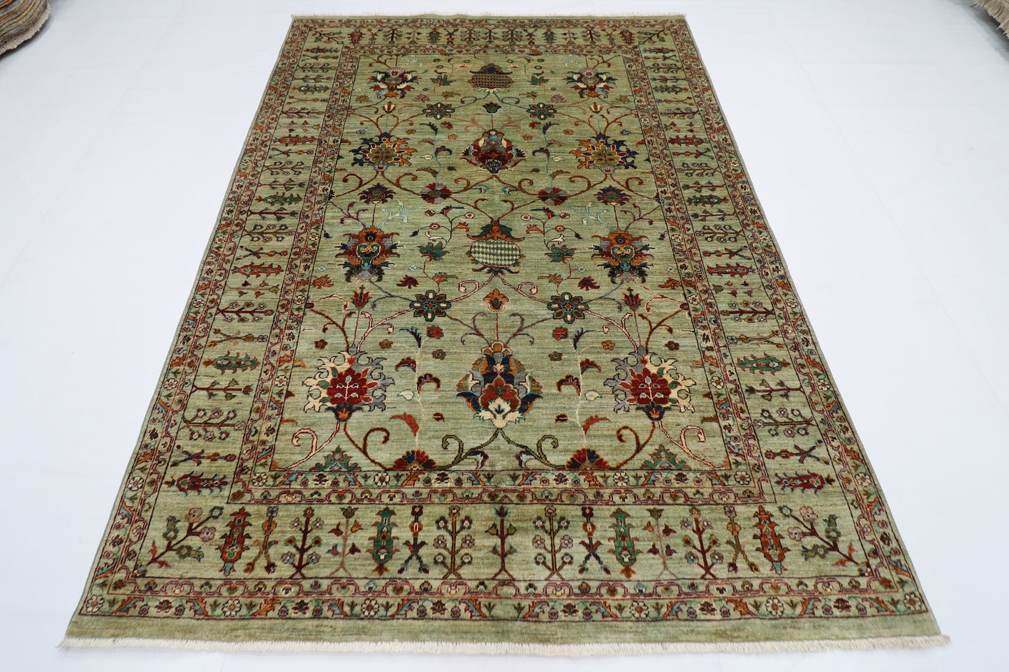 179 x 248 cm | Sultani Green Afghan Tribal Hand Knotted Natural Veg Dye Wool Carpet