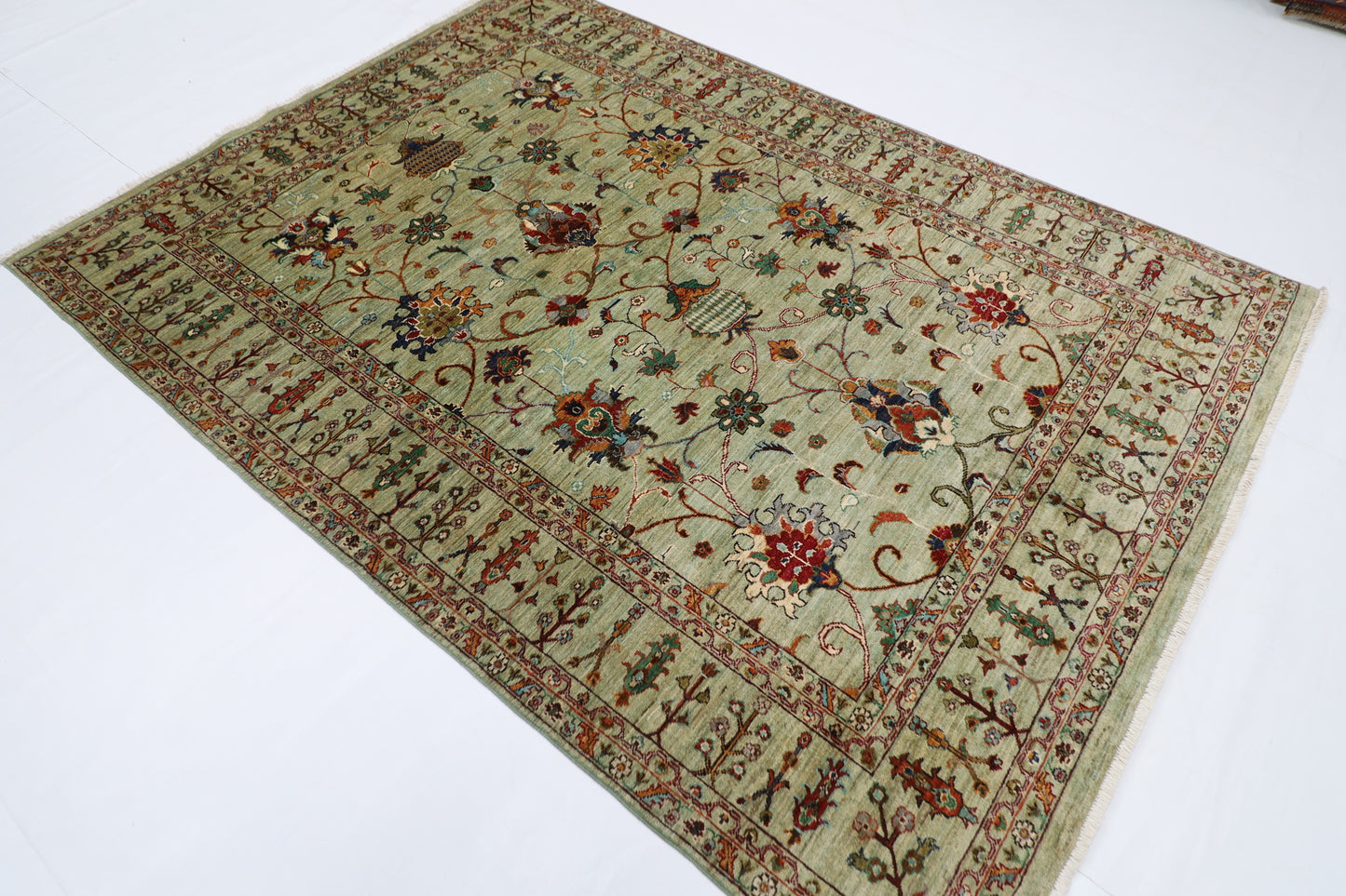 179 x 248 cm | Sultani Green Afghan Tribal Hand Knotted Natural Veg Dye Wool Carpet