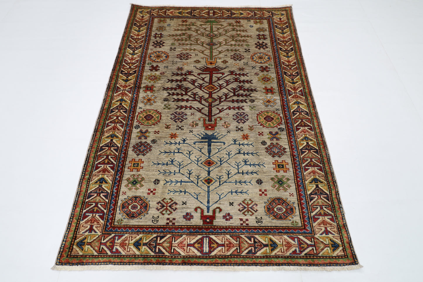 126 x 186 cm | Grey Afghan Tribal Hand Knotted Natural Veg Dye Wool Carpet