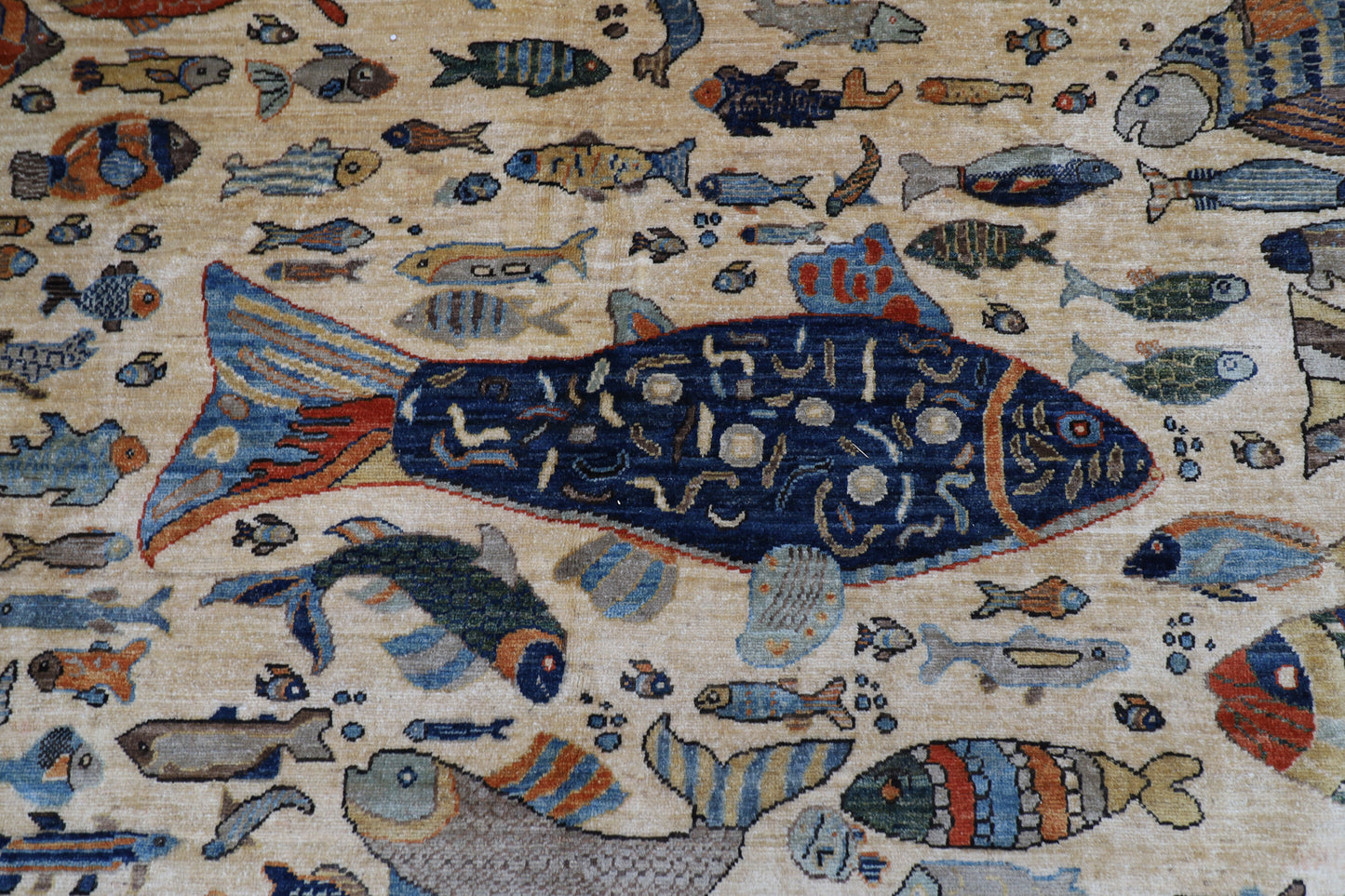 273 x 366 cm | Oriental Fish Beige Area Rug Afghan Hand Knotted Veg Dye Wool carpet
