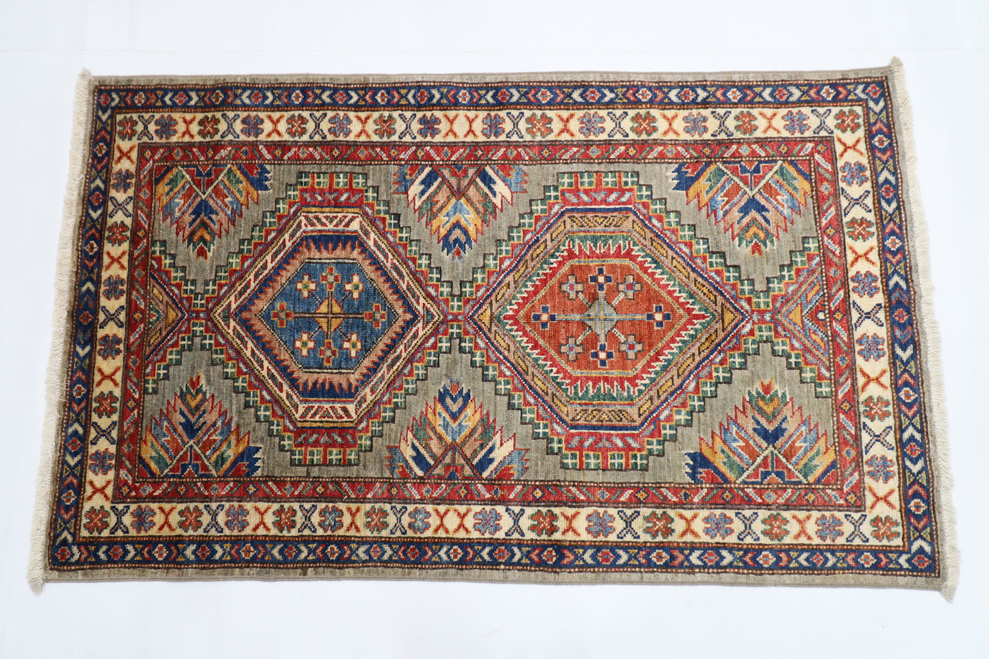 80 x 134 cm | Kazak Grey Afghan Hand Knotted Carpet