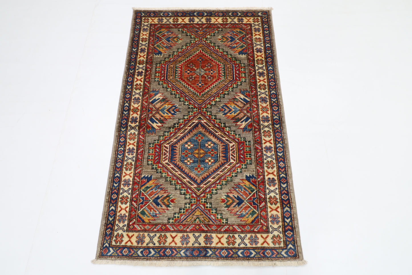 81 x 134 cm | Kazak Grey Afghan Hand Knotted Carpet