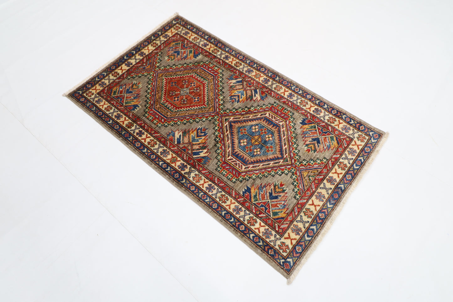 81 x 134 cm | Kazak Grey Afghan Hand Knotted Carpet