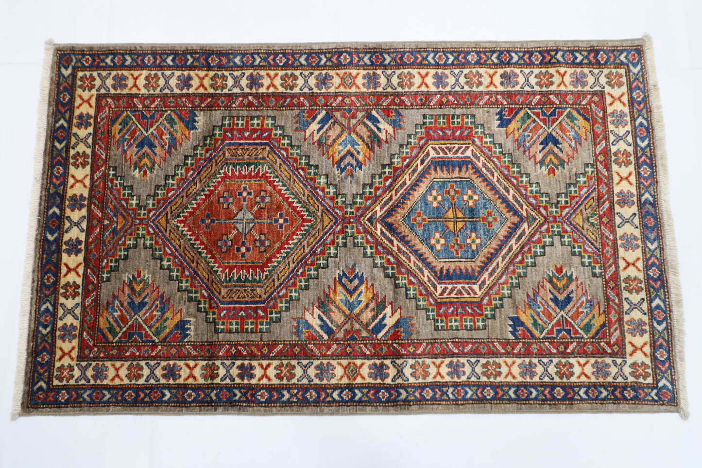 81 x 134 cm | Kazak Grey Afghan Hand Knotted Carpet