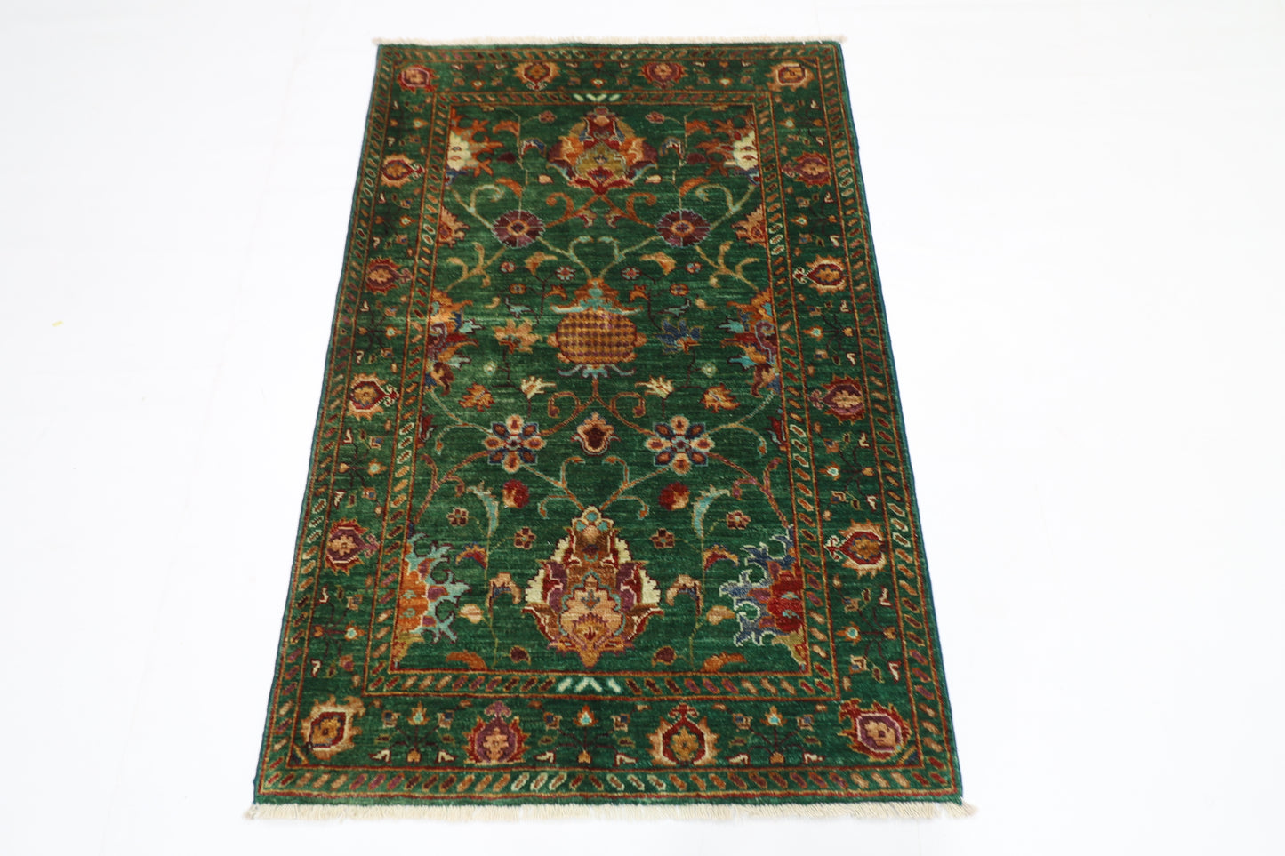 88 x 132 cm | Sultani Green Afghan Hand Knotted Carpet