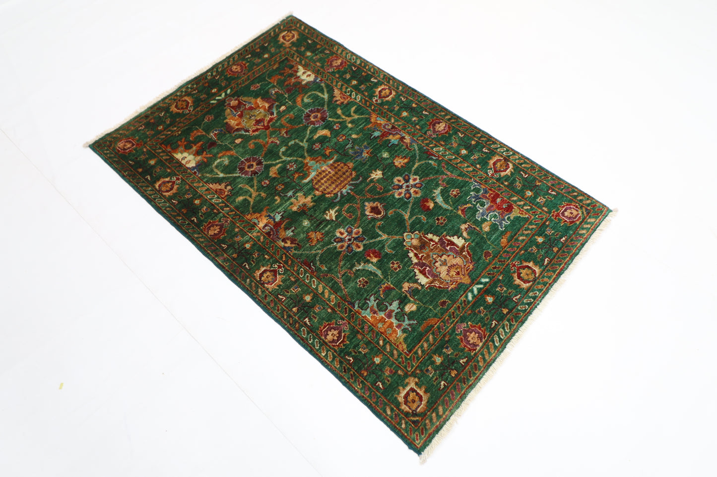 88 x 132 cm | Sultani Green Afghan Hand Knotted Carpet