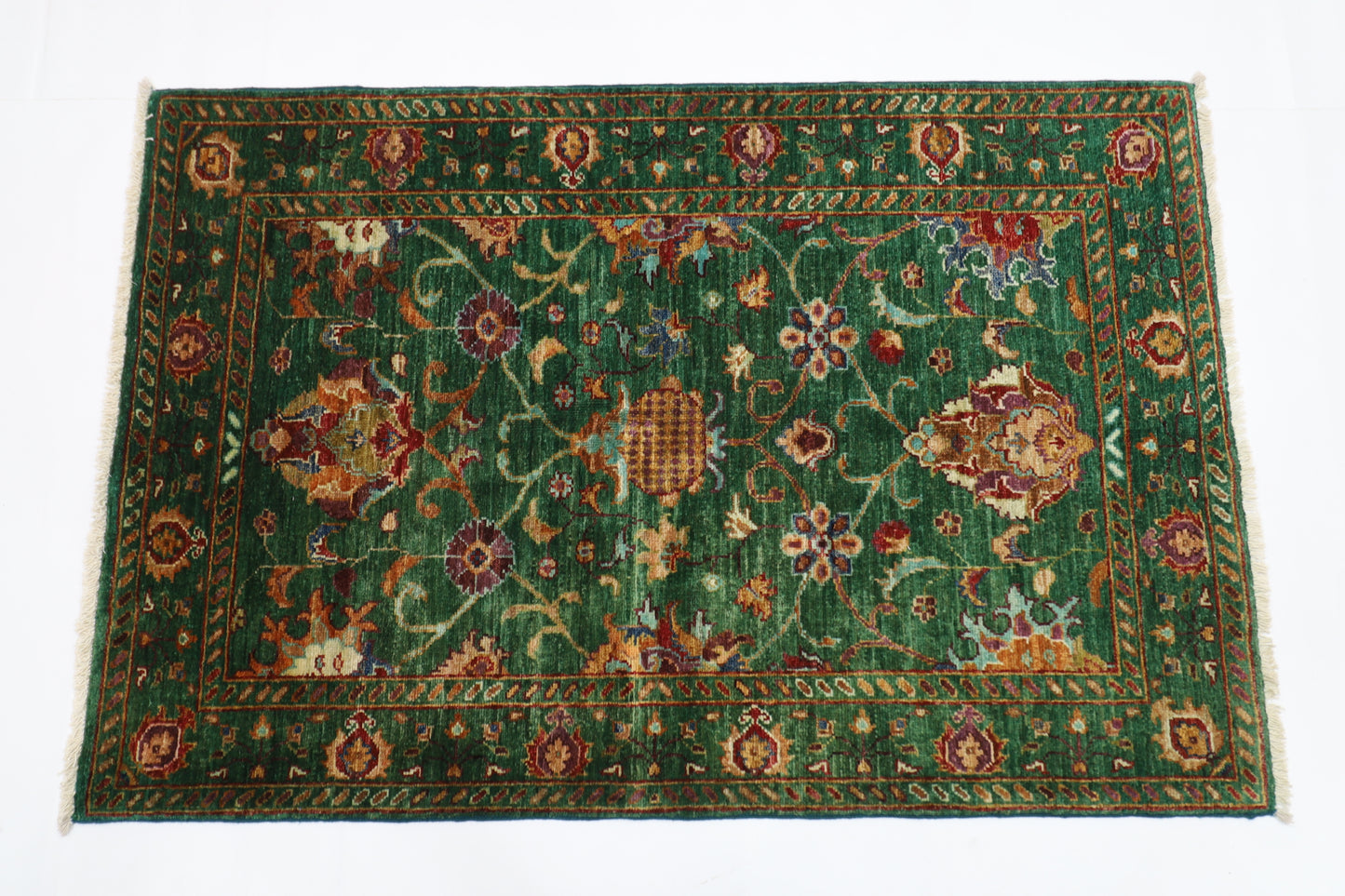 88 x 132 cm | Sultani Green Afghan Hand Knotted Carpet
