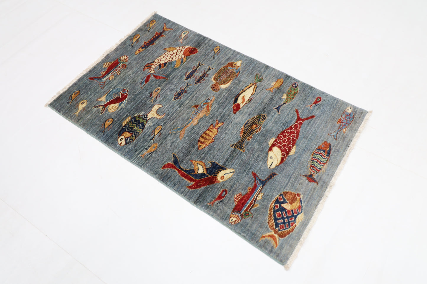 80 x 125 cm | Fish Party Afghan Tribal Hand Knotted Natural Veg Dye Wool Carpet