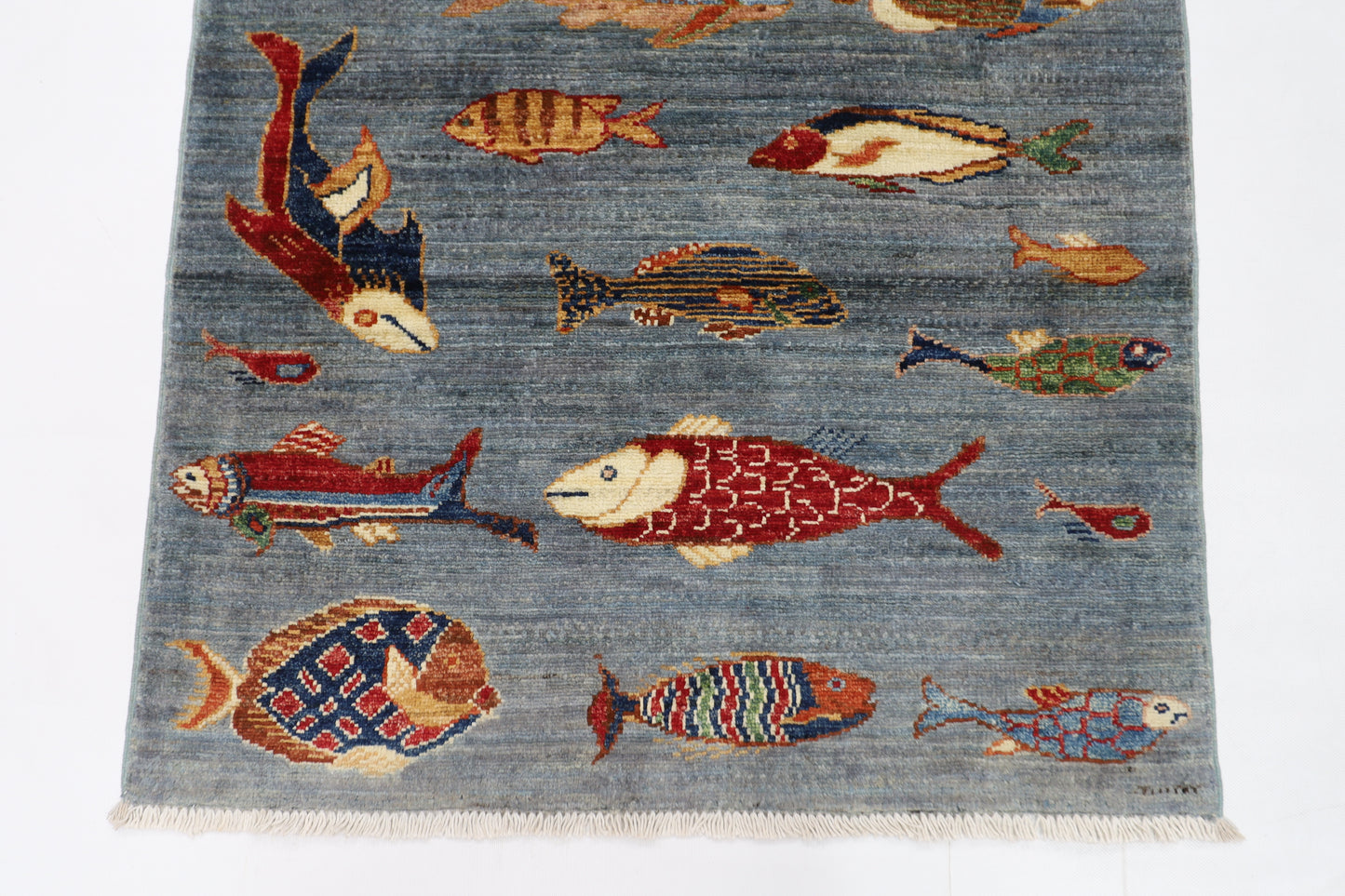 80 x 125 cm | Fish Party Afghan Tribal Hand Knotted Natural Veg Dye Wool Carpet