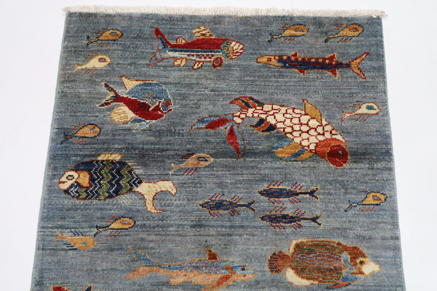 80 x 125 cm | Fish Party Afghan Tribal Hand Knotted Natural Veg Dye Wool Carpet
