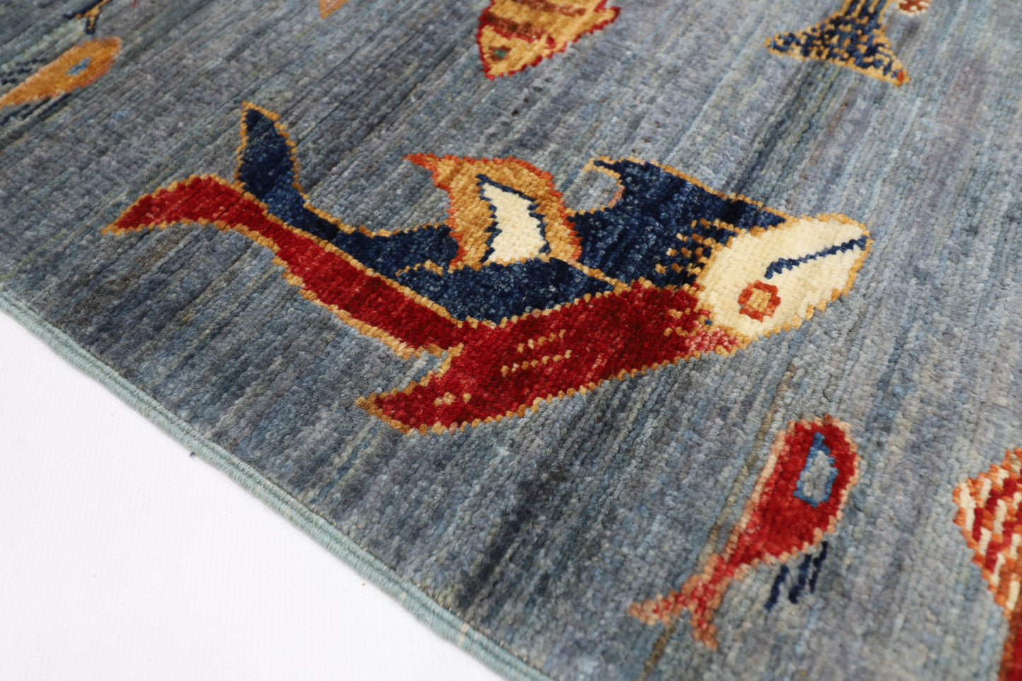 80 x 125 cm | Fish Party Afghan Tribal Hand Knotted Natural Veg Dye Wool Carpet
