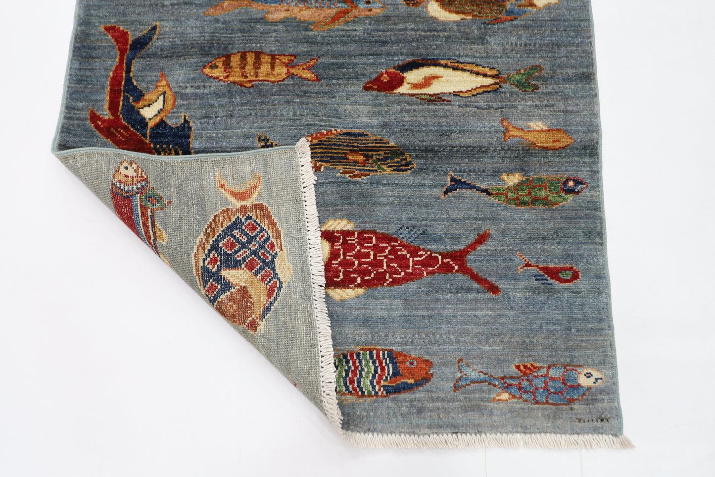 80 x 125 cm | Fish Party Afghan Tribal Hand Knotted Natural Veg Dye Wool Carpet