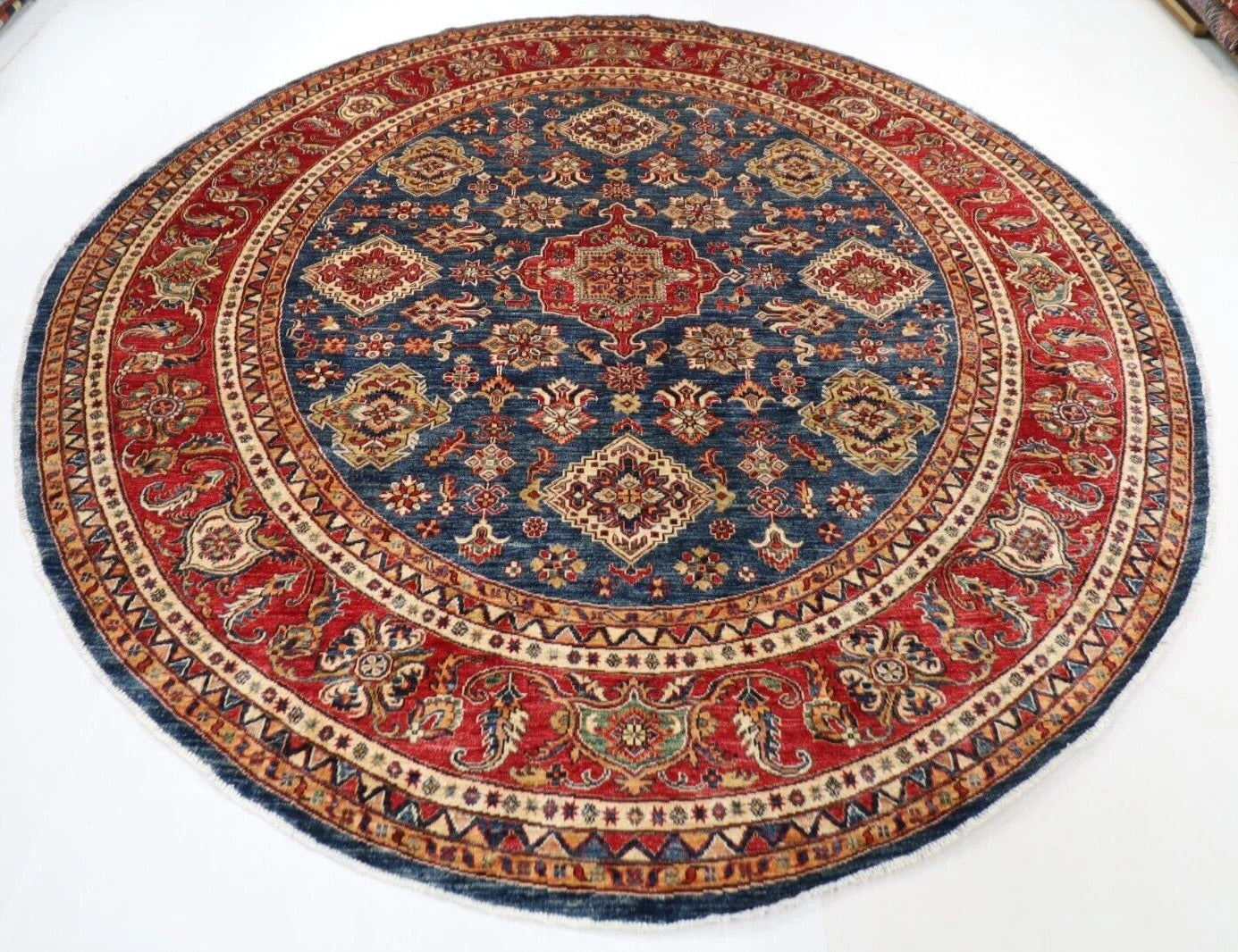 276 x 288 cm | Kazak Afghan Tribal Hand Knotted Wool Round Carpet