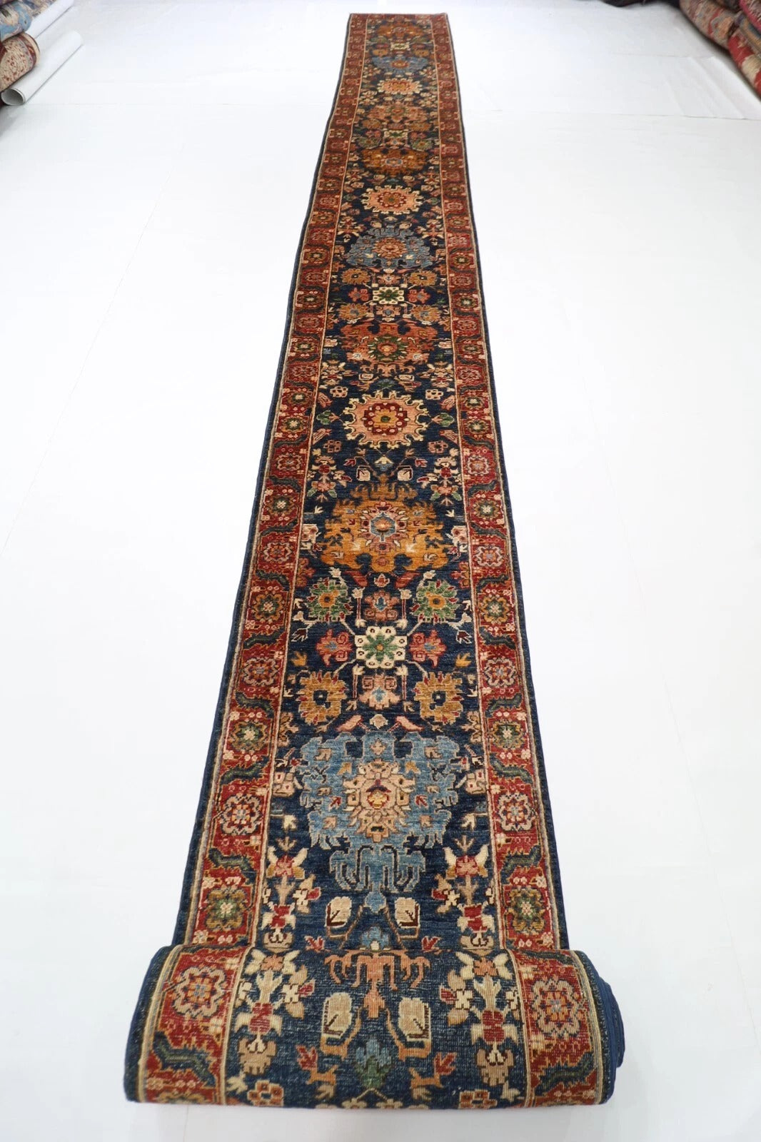 73 x 935 cm | Long Navy Blue Afghan Tribal Hand Knotted Wool Runner