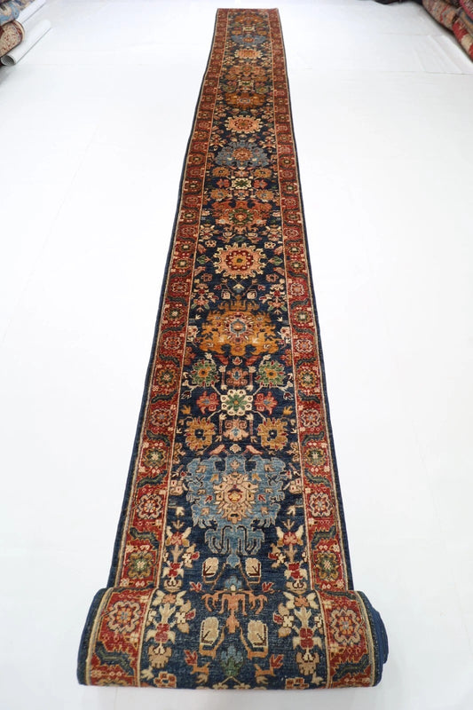 73 x 935 cm | Long Navy Blue Afghan Tribal Hand Knotted Wool Runner