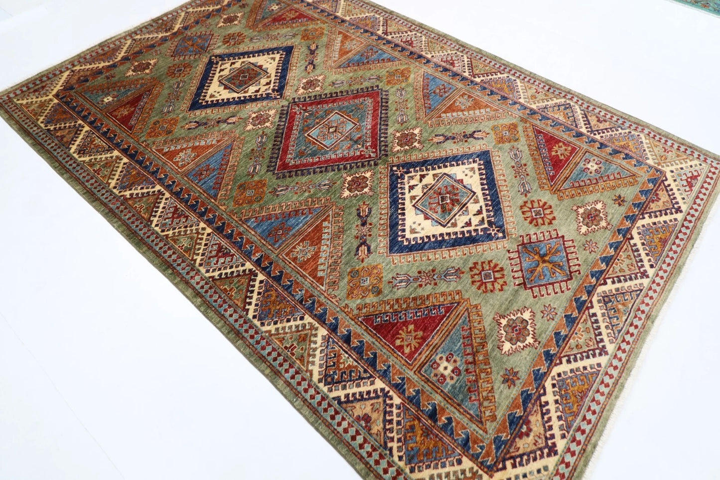 183 x 270 cm | Kazak Green Afghan Tribal Hand Knotted Veg Dye Wool carpet
