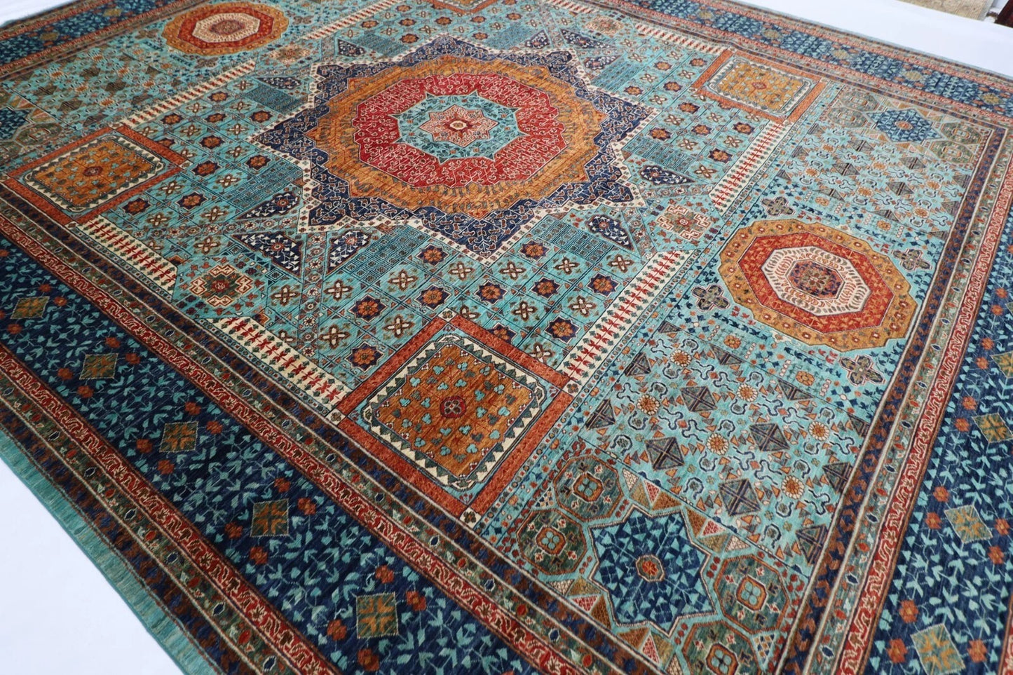363 x 449 cm | Mamluk Turquoise Afghan Tribal Hand Knotted Carpet