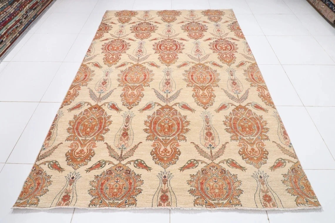 193 x 280 cm | Suzani Beige Afghan Tribal Hand Knotted Veg Dye Wool Carpet