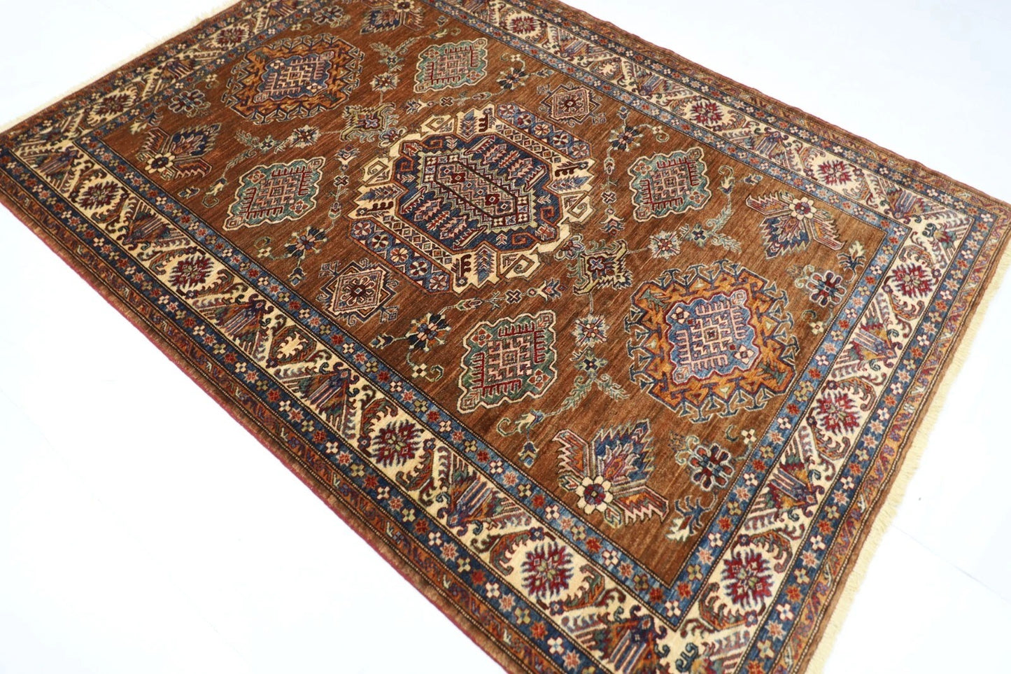 171 x 238 cm | Kazak Afghan Tribal Hand Knotted Veg Dye Wool Carpet caramel