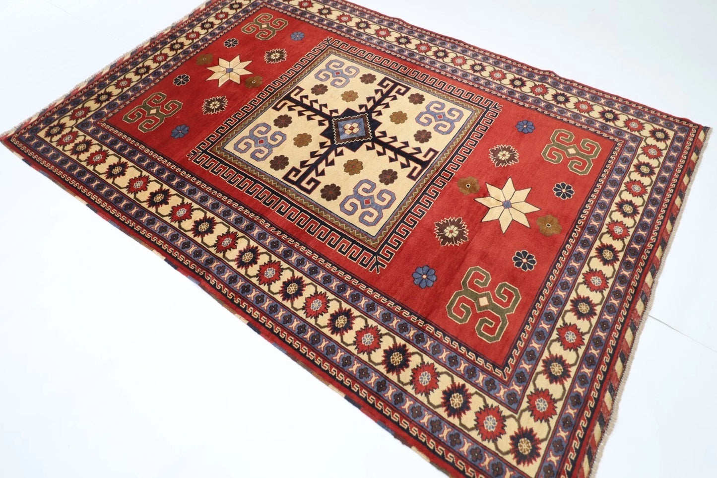 174 x 255 cm | Kazak Red Afghan Tribal Hand Knotted Wool Carpet