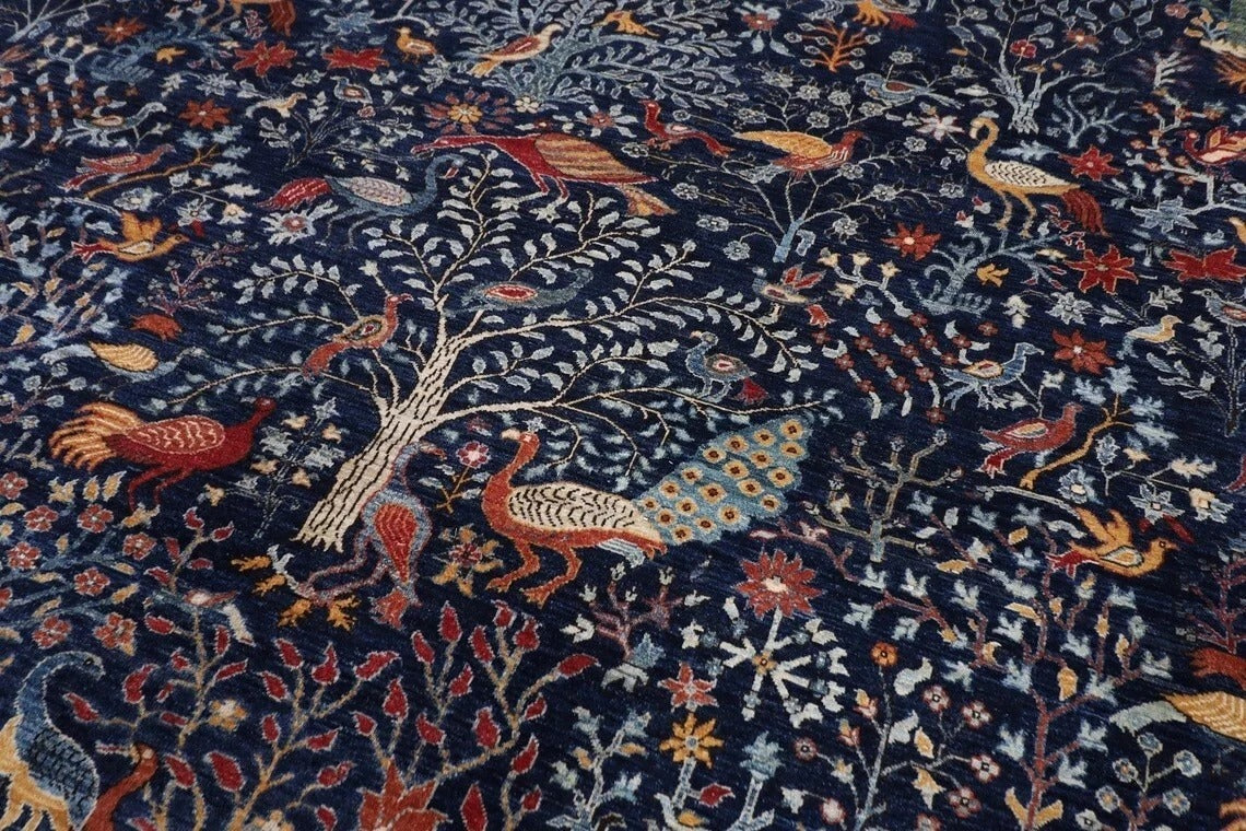 361 x 460 cm | Birds Navy Blue Handmade Large Size Afghan Area Rug Hand Knotted Carpet Living Room Rug