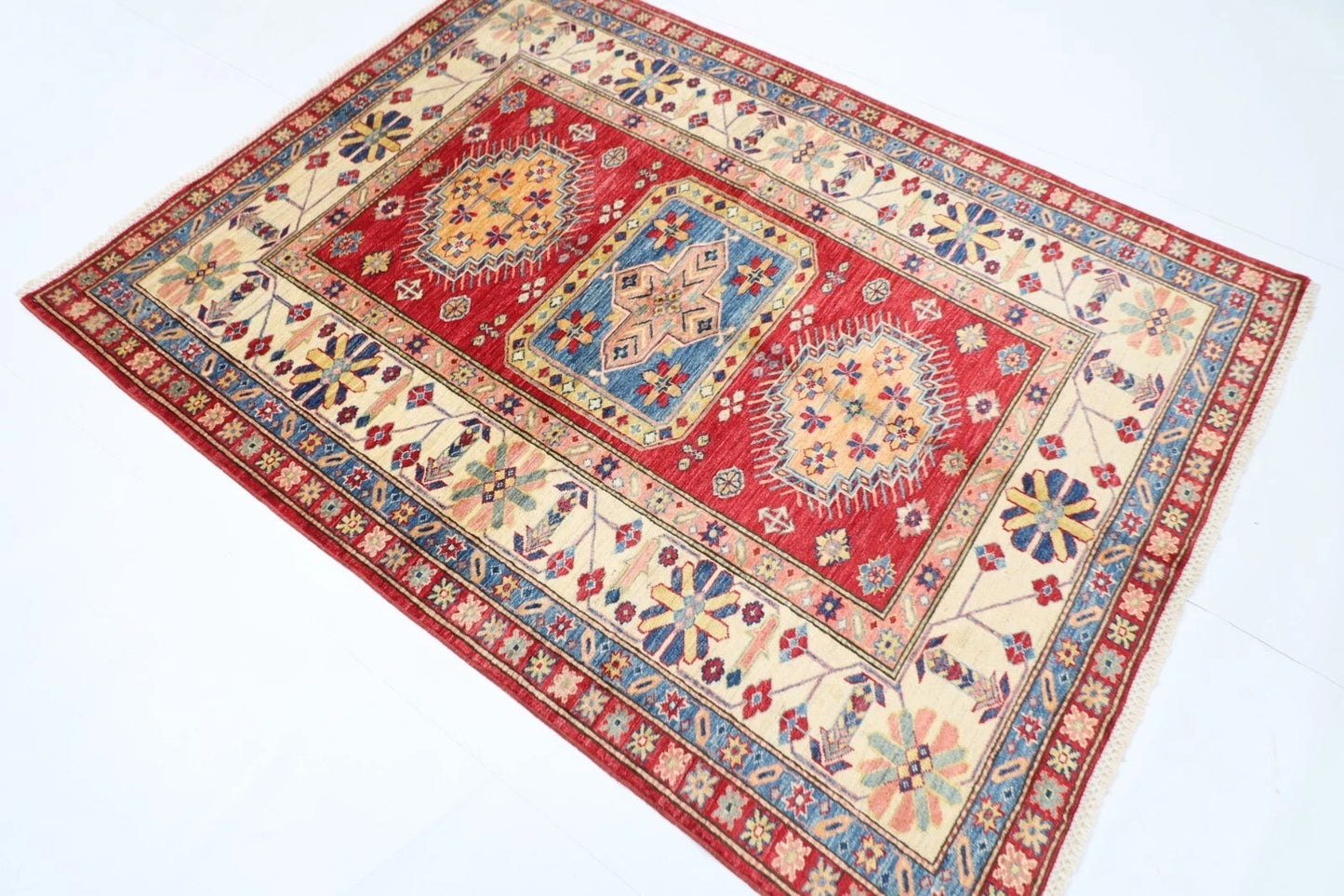 145 x 196 cm | Kazak Afghan Tribal Hand Knotted Veg Dye Wool Carpet