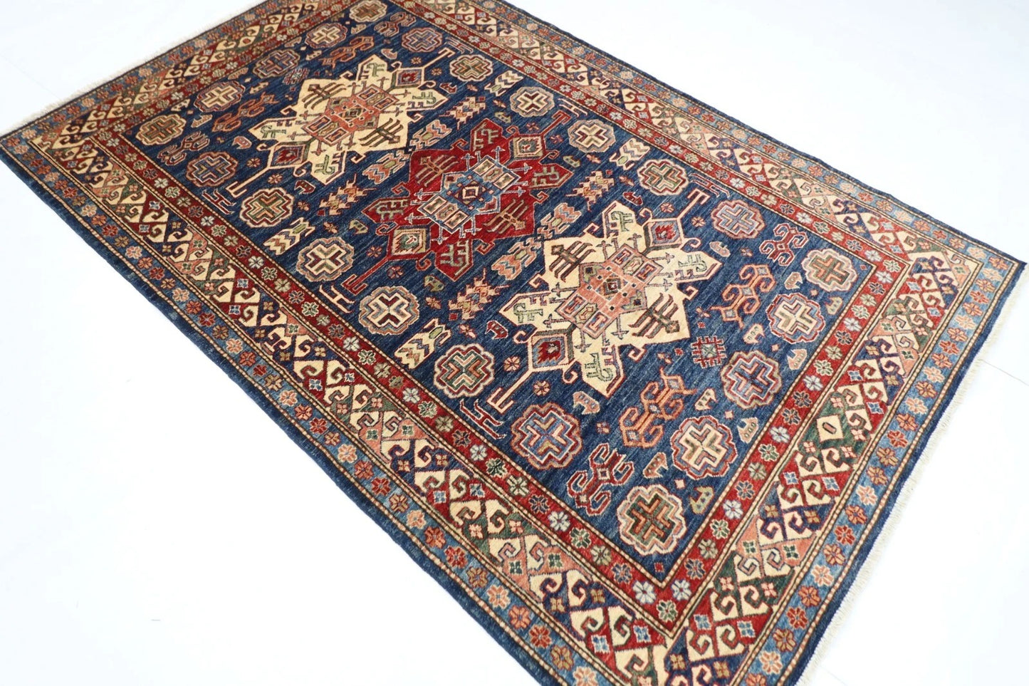 149 x 230 cm | Kazak Afghan Tribal Hand Knotted Veg Dye Wool Carpet