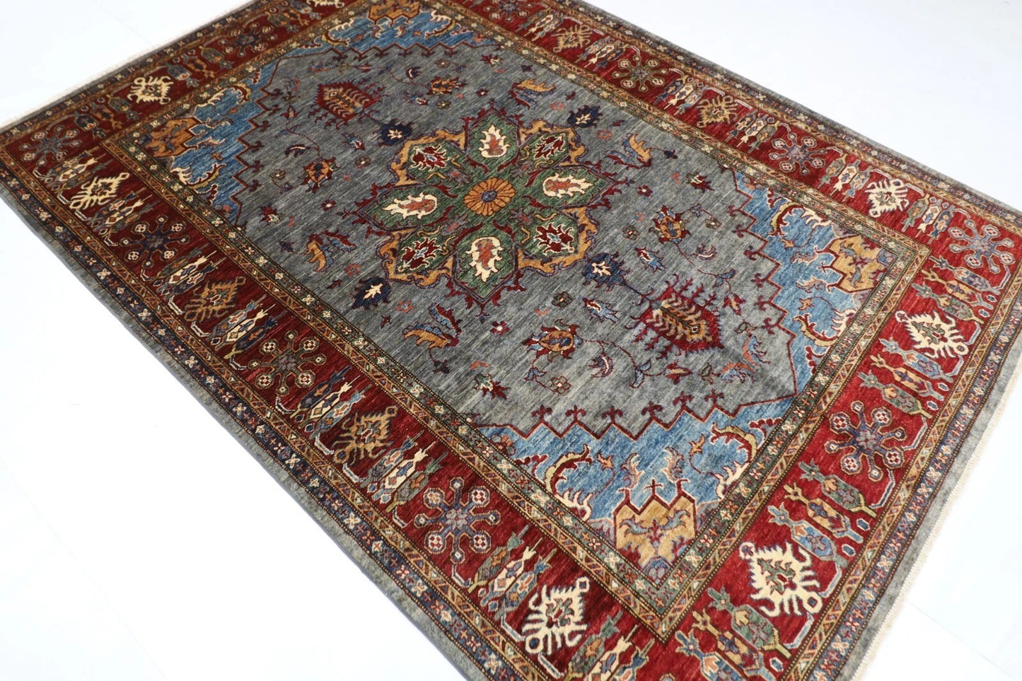173 x 240 cm | Kazak Afghan Tribal Hand Knotted Veg Dye Wool Carpet Blueish Grey