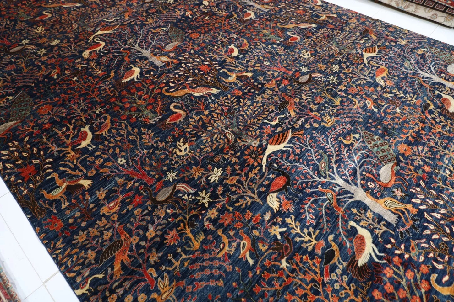 354 x 539 cm | Birds Navy Blue Handmade Large Size Afghan Area Rug Hand Knotted Carpet Living Room Rug