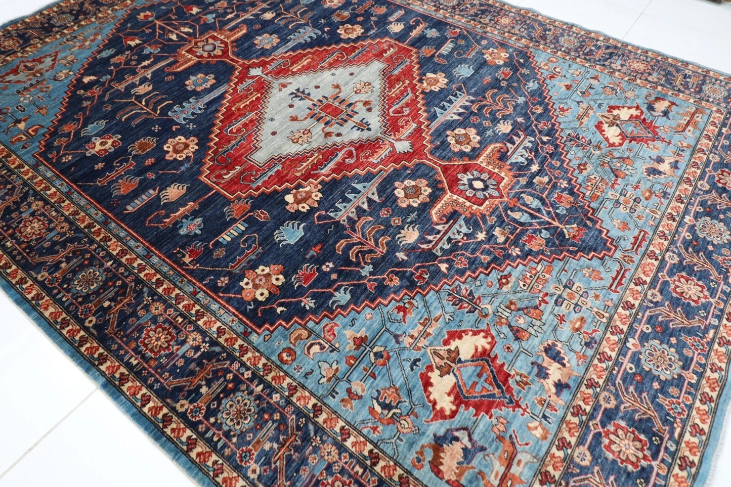 275 x 363 cm | Serapi Navy Afghan Tribal Hand Knotted Carpet