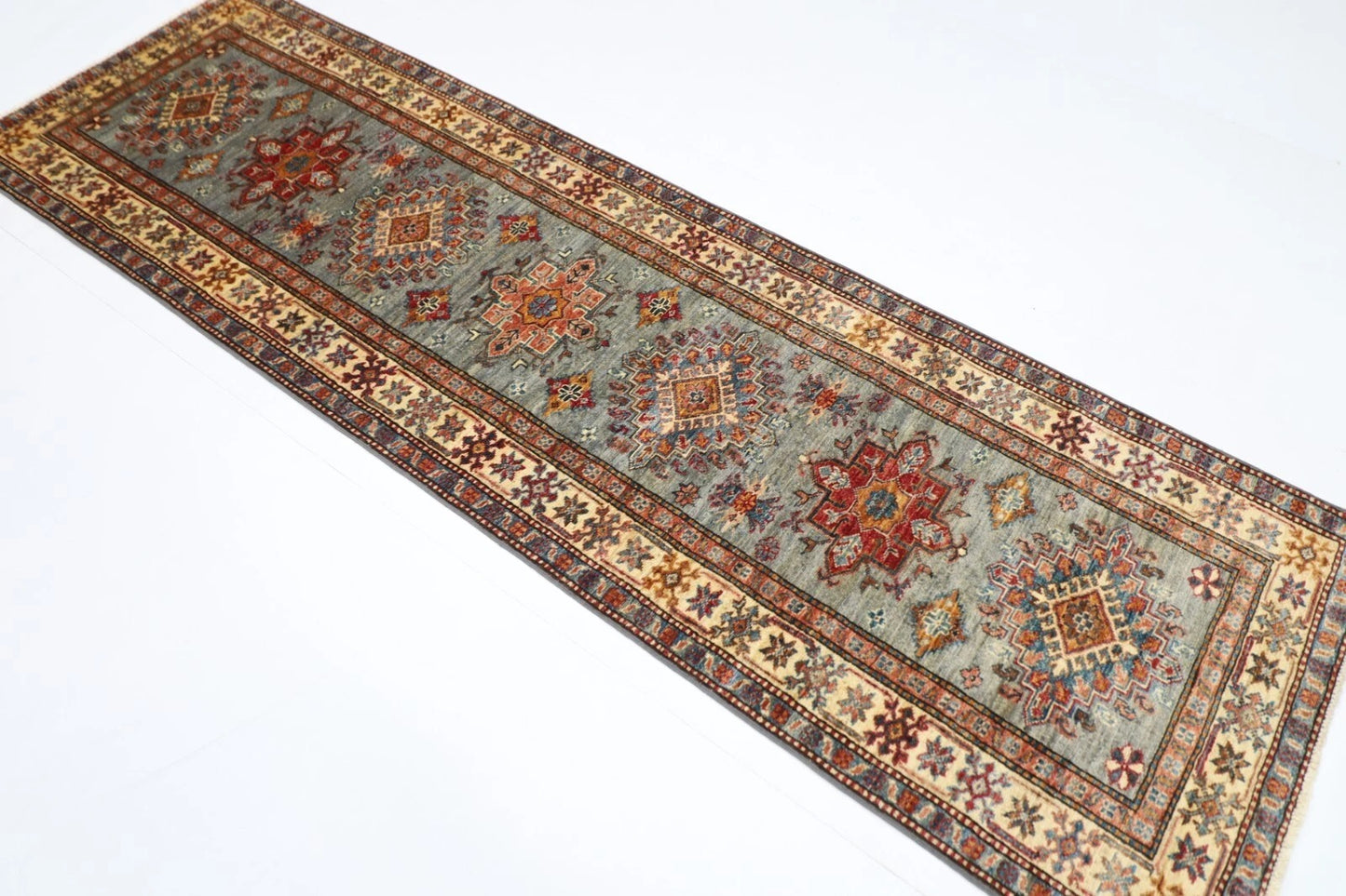 82 x 268 cm | Blueish Grey Kazak Afghan Tribal Hand Knotted Wool Runner
