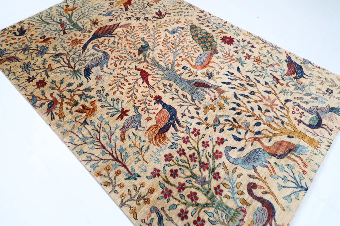 183 x 275 cm |  Birds Beige Afghan Tribal Hand Knotted Veg Dye Wool carpet